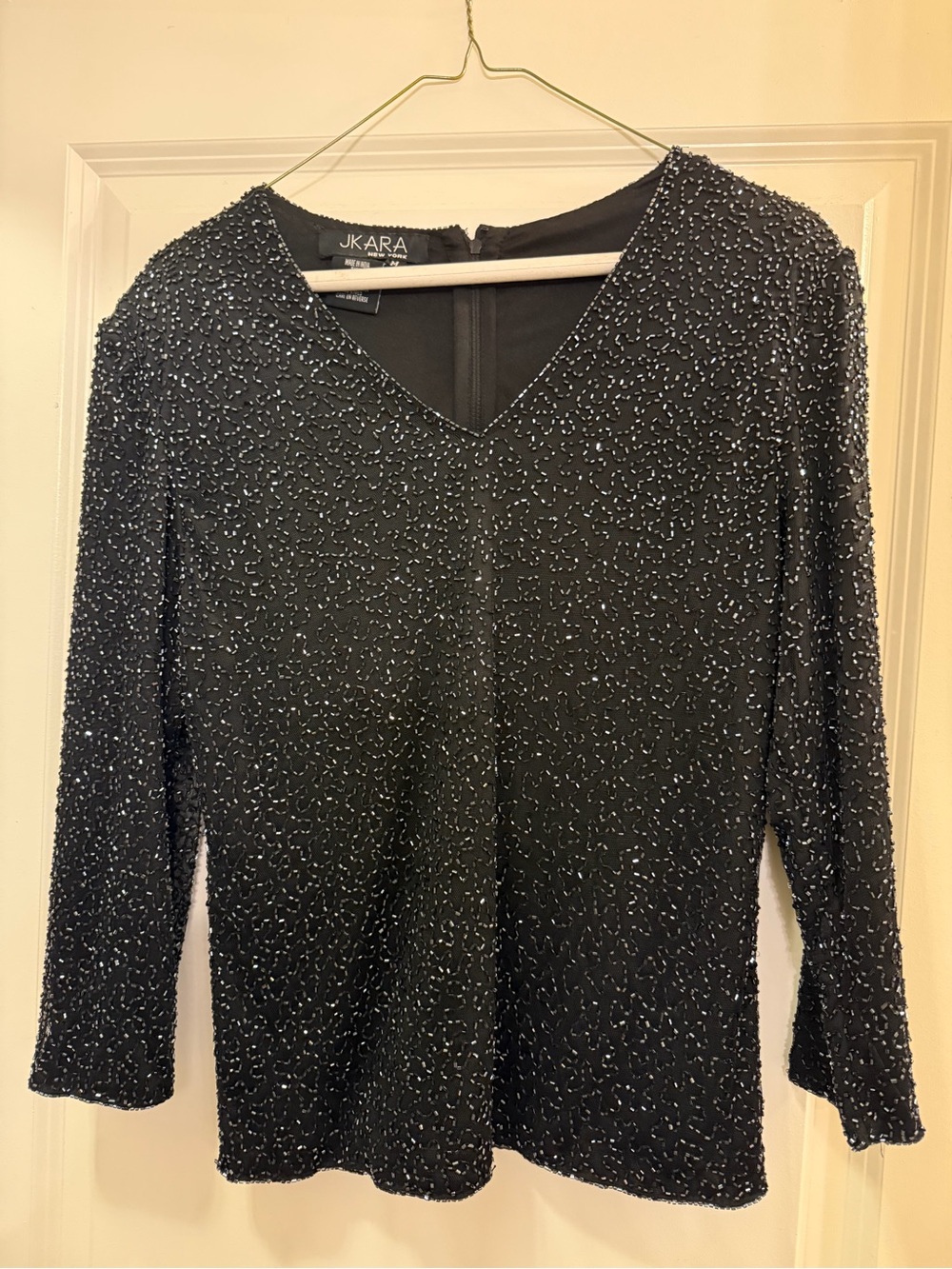 J Kara Black Beaded V-Neck Long Sleeve Top